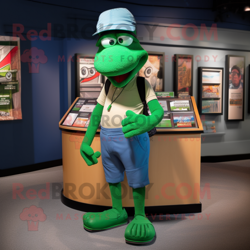 Green Attorney mascot costume character dressed with a Cargo Shorts and Anklets