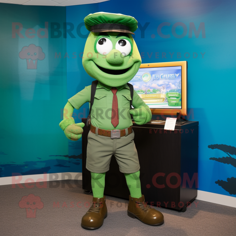 Green Attorney mascot costume character dressed with a Cargo Shorts and Anklets