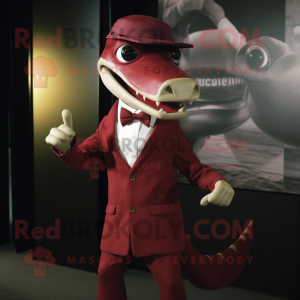 Maroon Dimorphodon mascot costume character dressed with a Suit Jacket and Headbands