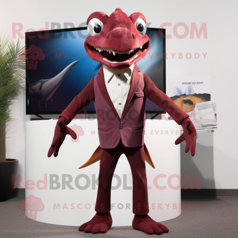 Maroon Dimorphodon mascot costume character dressed with a Suit Jacket and Headbands