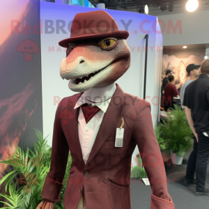 Maroon Dimorphodon mascot costume character dressed with a Suit Jacket and Headbands
