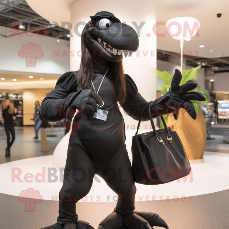 Black Deinonychus mascot costume character dressed with a Leggings and Handbags Black Deinonychus mascot costume character dressed with a Leggings and Handbags