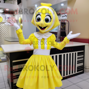 Lemon Yellow Mime mascot costume character dressed with a Midi Dress and Earrings