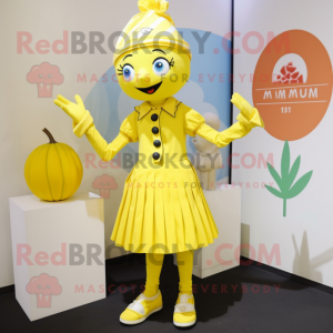 Lemon Yellow Mime mascot costume character dressed with a Midi Dress and Earrings