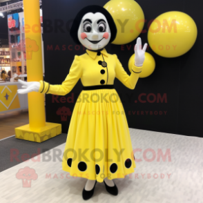 Lemon Yellow Mime mascot costume character dressed with a Midi Dress and Earrings