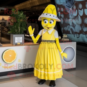 Lemon Yellow Mime mascot costume character dressed with a Midi Dress and Earrings