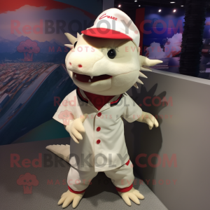 Cream Axolotls mascot costume character dressed with a Polo Shirt and Cufflinks