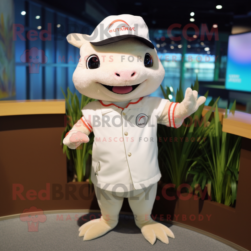 Cream Axolotls mascot costume character dressed with a Polo Shirt and Cufflinks Cream Axolotls mascot costume character dressed with a Polo Shirt and Cufflinks