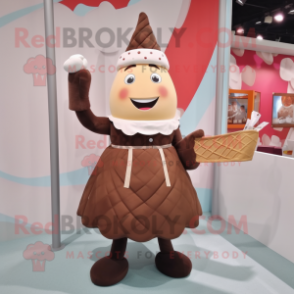 Brown Ice Cream Cone mascot costume character dressed with a A-Line Skirt and Suspenders