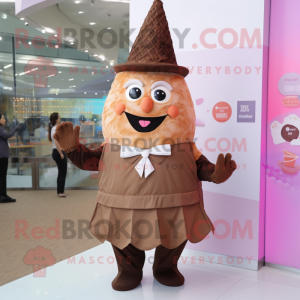 Brown Ice Cream Cone mascot costume character dressed with a A-Line Skirt and Suspenders