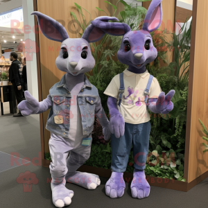 Lavender Kangaroo mascot costume character dressed with a Boyfriend Jeans and Necklaces