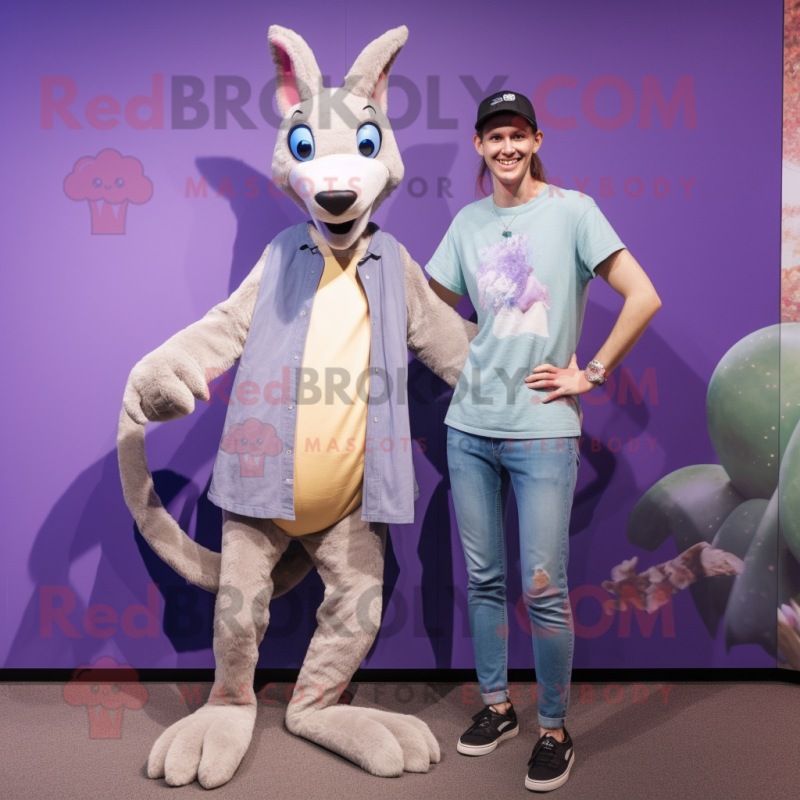 Lavender Kangaroo mascot costume character dressed with a Boyfriend Jeans and Necklaces