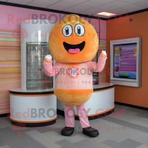 Peach Donut mascot costume character dressed with a Cover-up and Gloves