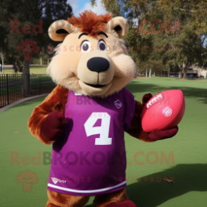 Magenta Capybara mascot costume character dressed with a Rugby Shirt and Mittens