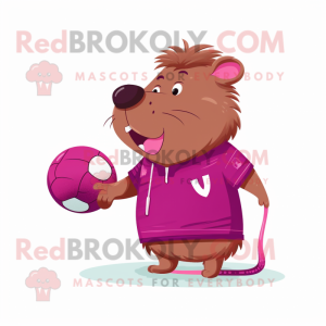 Magenta Capybara mascot costume character dressed with a Rugby Shirt and Mittens