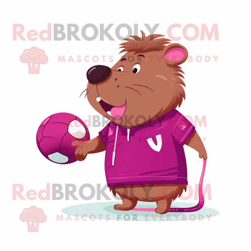 Magenta Capybara mascot costume character dressed with a Rugby Shirt and Mittens