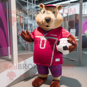 Magenta Capybara mascot costume character dressed with a Rugby Shirt and Mittens