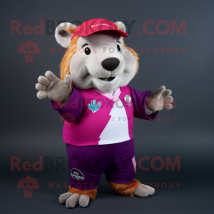 Magenta Capybara mascot costume character dressed with a Rugby Shirt and Mittens