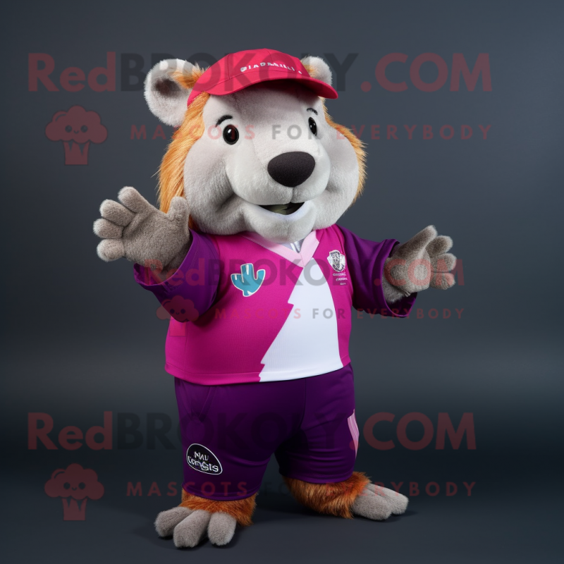 Magenta Capybara mascot costume character dressed with a Rugby Shirt and Mittens