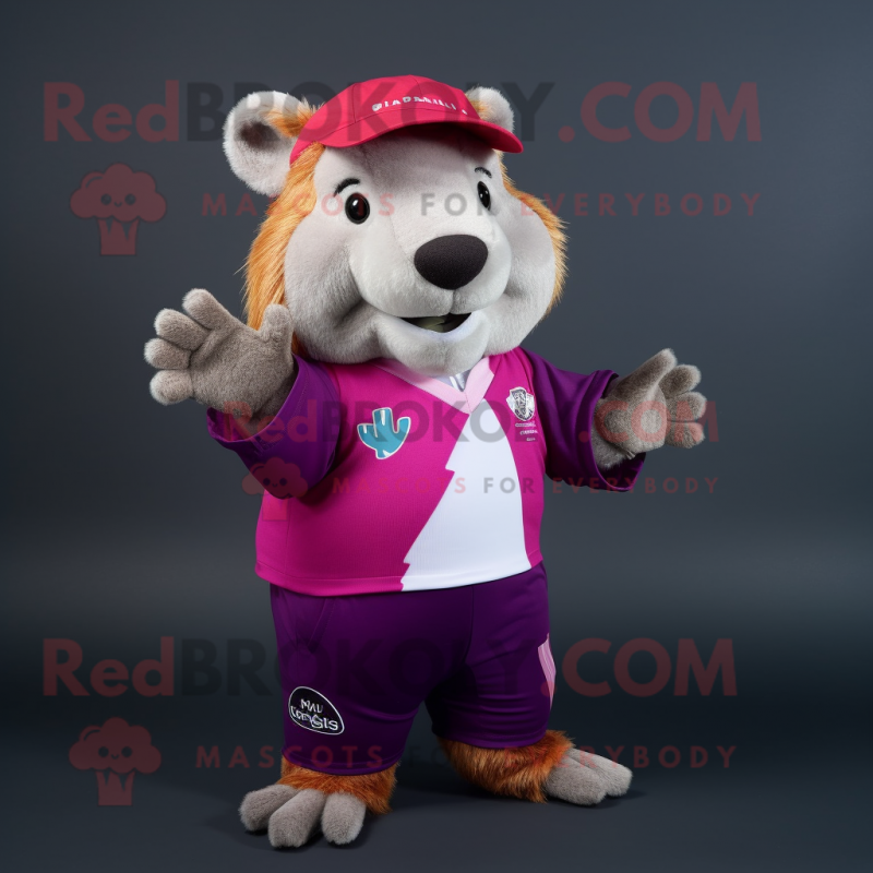 Magenta Capybara mascot costume character dressed with a Rugby Shirt and Mittens Magenta Capybara mascot costume character dressed with a Rugby Shirt and Mittens