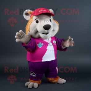 Magenta Capybara mascot costume character dressed with a Rugby Shirt and Mittens