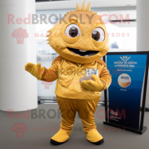 Gold Tuna mascot costume character dressed with a Vest and Gloves