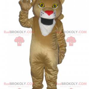 Mascot beige lion with a red muzzle in the shape of a heart -