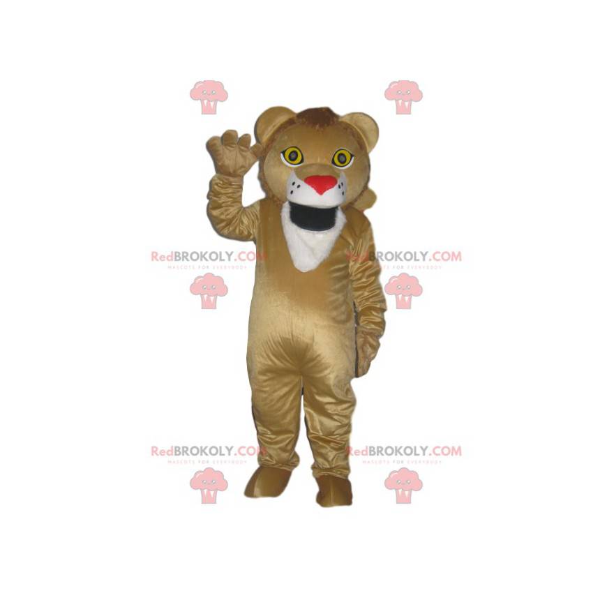 Mascot beige lion with a red muzzle in the shape of a heart -