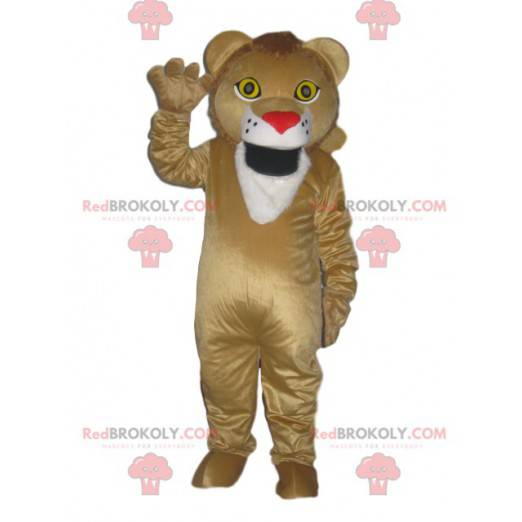 Mascot beige lion with a red muzzle in the shape of a heart -