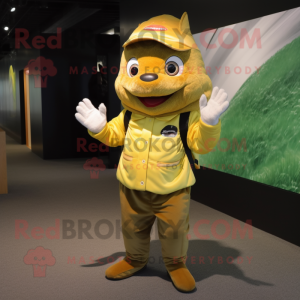 Gold Tuna mascot costume character dressed with a Vest and Gloves
