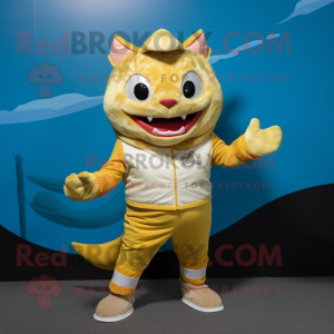 Gold Tuna mascot costume character dressed with a Vest and Gloves