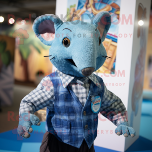 Blue Armadillo mascot costume character dressed with a Button-Up Shirt and Lapel pins