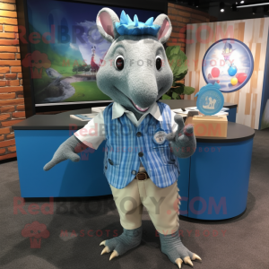 Blue Armadillo mascot costume character dressed with a Button-Up Shirt and Lapel pins