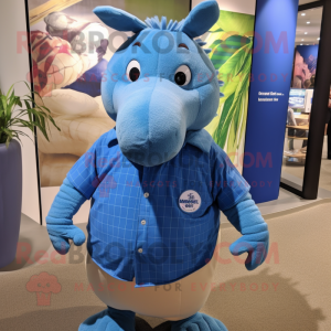 Blue Armadillo mascot costume character dressed with a Button-Up Shirt and Lapel pins