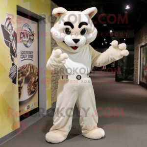 Cream Bobcat mascot costume character dressed with a Bodysuit and Clutch bags