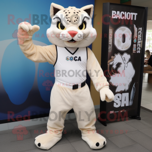 Cream Bobcat mascot costume character dressed with a Bodysuit and Clutch bags