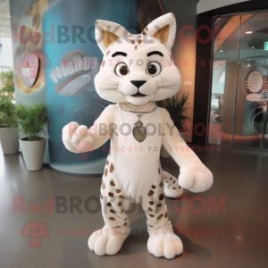 Cream Bobcat mascot costume character dressed with a Bodysuit and Clutch bags
