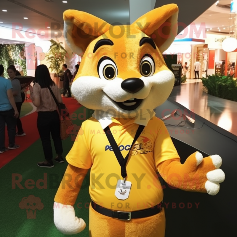 Gold Fox mascot costume character dressed with a Polo Shirt and Suspenders