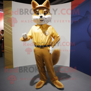 Gold Fox mascot costume character dressed with a Polo Shirt and Suspenders