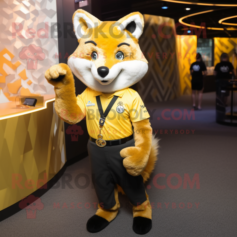 Gold Fox mascot costume character dressed with a Polo Shirt and Suspenders Gold Fox mascot costume character dressed with a Polo Shirt and Suspenders
