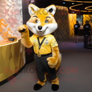 Gold Fox mascot costume character dressed with a Polo Shirt and Suspenders