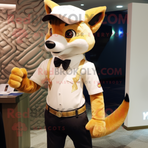 Gold Fox mascot costume character dressed with a Polo Shirt and Suspenders