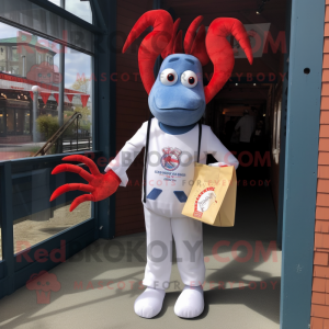 Silver Lobster Bisque mascot costume character dressed with a Jeans and Tote bags
