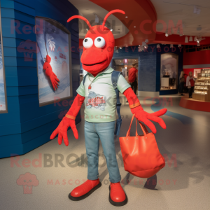 Silver Lobster Bisque mascot costume character dressed with a Jeans and Tote bags