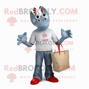 Silver Lobster Bisque mascot costume character dressed with a Jeans and Tote bags