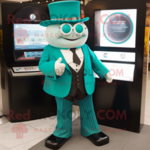 Turquoise Attorney mascot costume character dressed with a Waistcoat and Digital watches