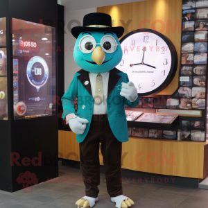 Turquoise Attorney mascot costume character dressed with a Waistcoat and Digital watches