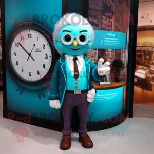 Turquoise Attorney mascot costume character dressed with a Waistcoat and Digital watches