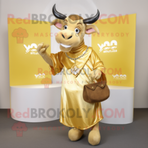 Gold Zebu mascot costume character dressed with a Wrap Dress and Coin purses