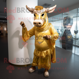 Gold Zebu mascot costume character dressed with a Wrap Dress and Coin purses